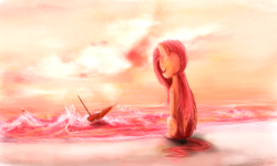 Size: 1800x1080 | Tagged: safe, artist:nettrip, fluttershy, pegasus, pony, beach, solo, umbrella, water, wave