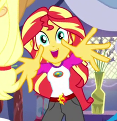 Size: 285x295 | Tagged: safe, screencap, applejack, sunset shimmer, equestria girls, legend of everfree, cropped, cute, hand, happy, reaching, reaching out, shimmerbetes, smiling