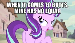 Size: 600x343 | Tagged: safe, edit, edited screencap, screencap, starlight glimmer, pony, unicorn, the cutie map, image macro, irony, meme, memeful.com, plot