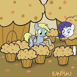 Size: 1000x1000 | Tagged: safe, artist:empyu, derpy hooves, rarity, pegasus, pony, unicorn, inspiration manifestation, 30 minute art challenge, female, inspiration muffinistation, mare, muffin, parody