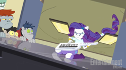 Size: 610x340 | Tagged: safe, screencap, diamond dudes, fido, rarity, rover, spot, diamond dog, equestria girls, player piano, rainbow rocks, bug-eyes, keytar, musical instrument, ponied up