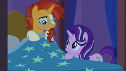 Size: 1280x720 | Tagged: safe, screencap, starlight glimmer, sunburst, pony, unicorn, uncommon bond, bed, blanket, morning, shipping fuel, waking up