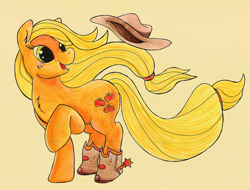 Size: 1500x1137 | Tagged: safe, artist:jrrhack, applejack, earth pony, pony, boots, chest fluff, looking back, raised hoof, simple background, solo, windswept mane