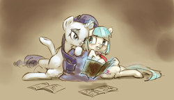 Size: 900x518 | Tagged: source needed, safe, artist:tarakanovich, coco pommel, rarity, pony, unicorn, blushing, magic, reading, simple background, sitting, sketch