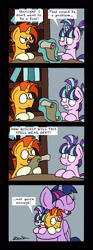 Size: 1311x3507 | Tagged: safe, artist:bobthedalek, starlight glimmer, sunburst, twilight sparkle, twilight sparkle (alicorn), alicorn, pony, unicorn, uncommon bond, age regression, angry, colt, colt sunburst, comic, cute, dialogue, eyes closed, female, filly, filly starlight glimmer, foal, frown, glare, glimmerbetes, glimmerdoption, happy, hoof hold, hug, leaning, levitation, lidded eyes, lip bite, looking at each other, magic, male, mama twilight, mare, open mouth, reading, scroll, shrunken pupils, smiling, starlight is not amused, sunbetes, telekinesis, this will end in intensive mothering, unamused, wide eyes, younger