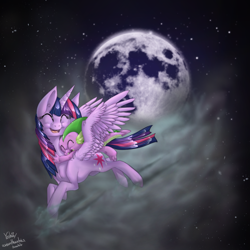 Size: 1600x1600 | Tagged: safe, artist:hellticket, derpibooru import, spike, twilight sparkle, twilight sparkle (alicorn), alicorn, dragon, pony, crying, female, flying, mare, moon