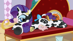 Size: 1280x720 | Tagged: safe, artist:facelessjr, rarity, cow, cow pony, unicorn, bedroom eyes, bow, bucket, cheese, cowified, fainting couch, horns, implied milking, looking at you, nipple ring, raricow, ring, sofa, solo, species swap, sultry pose, tail bow, tengwar, udder