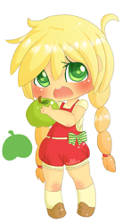 Size: 793x1346 | Tagged: safe, artist:puffleduck, applejack, chibi, cute, hatless, humanized, jackabetes, missing accessory, simple background, solo