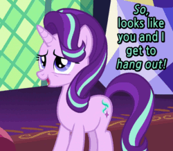 Size: 744x648 | Tagged: safe, edit, edited screencap, screencap, starlight glimmer, unicorn, triple threat, animated, bronybait, caption, cropped, cute, gif, glimmerbetes, happy, looking up, pointing, raised hoof, smiling, solo, text, twilight's castle