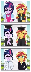 Size: 2120x4912 | Tagged: safe, artist:pony4koma, sci-twi, sunset shimmer, twilight sparkle, equestria girls, absurd resolution, alternate costumes, clothes, comic, female, graduation, height difference, lab coat, lesbian, scitwishimmer, shipping, suit, sunsetsparkle, time skip