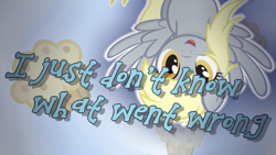 Size: 1920x1080 | Tagged: safe, artist:godoffury, artist:joolzanfire, derpy hooves, pegasus, pony, cute, female, i just don't know what went wrong, mare, muffin, open mouth, quote, smiling, solo, spread wings, upside down, vector, wallpaper
