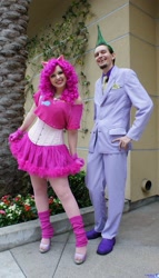 Size: 1175x2048 | Tagged: safe, artist:aktrez, pinkie pie, spike, human, clothes, corset, cosplay, irl, irl human, leg warmers, photo, suit, wondercon