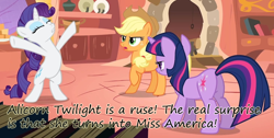 Size: 1280x647 | Tagged: safe, edit, edited screencap, screencap, applejack, rarity, twilight sparkle, twilight sparkle (alicorn), alicorn, earth pony, pony, unicorn, look before you sleep, alicorn drama, bedroom eyes, bipedal, insane pony thread, miss america, plot, tumblr