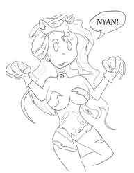 Size: 400x519 | Tagged: artist needed, source needed, safe, sunset shimmer, catgirl, clothes, cosplay, costume, darkstalkers, felicia, monochrome, nyanset shimmer, solo