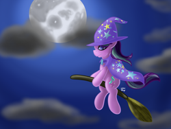Size: 1600x1200 | Tagged: safe, artist:bleuey, starlight glimmer, pony, unicorn, accessory swap, broom, cape, clothes, cloud, flying, flying broomstick, full moon, halloween, hat, holiday, moon, night, solo, the great and powerful, the great and powerful starlight, trixie's cape, trixie's hat