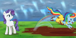 Size: 1000x500 | Tagged: safe, artist:empyu, derpibooru import, rainbow dash, rarity, pegasus, pony, unicorn, clothes, cute, dashabetes, dress, eyes closed, female, mare, mud, smiling, unamused