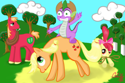 Size: 1024x683 | Tagged: safe, artist:cloclo2388, apple bloom, applejack, big macintosh, spike, dragon, earth pony, pony, cowboy hat, hat, male, riding, rope, stallion, stetson