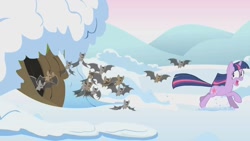 Size: 1280x720 | Tagged: safe, derpibooru import, screencap, twilight sparkle, unicorn twilight, bat, pony, unicorn, winter wrap up, animal, burrow, female, looking back, mare, running, scared, snow, solo, we can't stop here this is bat country