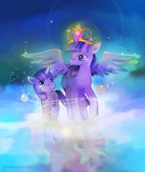 Size: 545x649 | Tagged: safe, artist:blackywolfer, derpibooru import, twilight sparkle, twilight sparkle (alicorn), unicorn twilight, alicorn, pony, unicorn, big crown thingy, cute, duality, female, filly, jewelry, looking at each other, mare, missing cutie mark, pixiv, regalia, spread wings, time paradox, twiabetes, wings