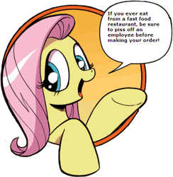 Size: 421x431 | Tagged: safe, idw, fluttershy, pegasus, pony, bad advice fluttershy, blue eyes, dialogue, exploitable meme, fast food, female, mare, meme, open mouth, pink mane, raised hoof, raised leg, simple background, smiling, solo, speech bubble, talking to viewer, underhoof, vulgar, yellow coat