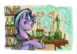 Size: 1100x776 | Tagged: safe, artist:asimos, starlight glimmer, pony, unicorn, chemistry, female, mare, shelf, smiling, solo, traditional art