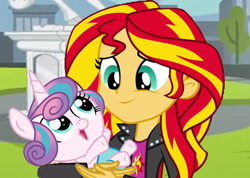 Size: 2889x2054 | Tagged: safe, princess flurry heart, sunset shimmer, pony, equestria girls, auntie sunset, baby flurry heart, canterlot high, compassion, cute, flurrybetes, gentle giant, holding a pony, kindness