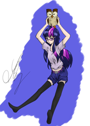 Size: 1500x2100 | Tagged: safe, artist:junker-kun, derpibooru import, owlowiscious, twilight sparkle, glasses, humanized