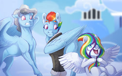 Size: 1280x793 | Tagged: safe, artist:vindhov, derpibooru import, rainbow dash, oc, oc:haywire, oc:silver lining (vindhov), pegasus, pony, bags under eyes, bomber jacket, butt, clothes, disguise, female, fleece jacket, fluffy, half-siblings, interspecies offspring, irrational exuberance, jacket, mare, mother and child, mother and daughter, offspring, older, parent and child, parent:discord, parent:rainbow dash, parents:discodash, parents:windash, plot, smiling, trio