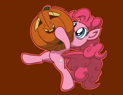 Size: 1650x1276 | Tagged: safe, artist:latecustomer, pinkie pie, pony, bipedal, carrying, food, halloween, jack-o-lantern, pumpkin, size difference, solo