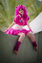 Size: 530x800 | Tagged: safe, artist:aktrez, pinkie pie, human, cosplay, irl, irl human, leg warmers, photo, sitting, solo, wondercon