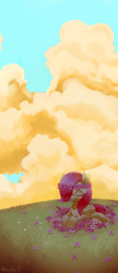 Size: 422x978 | Tagged: safe, artist:mewball, fluttershy, pegasus, pony, cloud, cloudy, dark, floral head wreath, flower, scenery, sky, solo