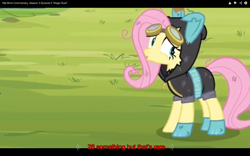 Size: 1280x800 | Tagged: safe, screencap, fluttershy, pegasus, pony, bunny ears, clothes, dangerous mission outfit, female, goggles, hoodie, mare, meme, solo, youtube, youtube caption, youtube link