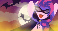 Size: 900x480 | Tagged: dead source, safe, artist:loyaldis, masquerade, pinkie pie, bat, earth pony, pony, undead, vampire, vampony, animal, backlighting, bipedal, cape, clothes, costume, dracula, mask, moon, night, solo