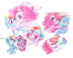 Size: 996x798 | Tagged: safe, artist:pinkablue, derpibooru import, pinkie pie, rainbow dash, earth pony, pegasus, pony, blushing, cute, female, heart, lesbian, looking at you, mare, noogie, one eye closed, pinkiedash, raspberry, shipping, simple background, snuggling, vein bulge, white background