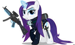 Size: 5000x3000 | Tagged: safe, artist:a4r91n, rarity, pony, unicorn, badass, badass adorable, clothes, cute, gun, magic, mp5, navy seal, one-piece swimsuit, scuba, simple background, solo, submachinegun, swimsuit, transparent background, vector, wet, wet mane, wet mane rarity, wetsuit