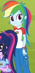 Size: 366x768 | Tagged: safe, derpibooru import, screencap, rainbow dash, sci-twi, twilight sparkle, equestria girls, legend of everfree, camp everfree outfits, clothes, cropped, crossed arms, cute, dashabetes, glasses, hips, pants, shorts, wristband