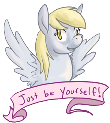 Size: 600x673 | Tagged: safe, artist:asofterbucky, artist:checkers, derpy hooves, pegasus, pony, female, mare, mouthpiece, old banner, positive message, positive ponies, solo