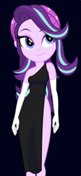 Size: 893x1920 | Tagged: safe, artist:cinderfall, starlight glimmer, human, equestria girls, beanie, black background, black dress, clothes, dress, fancy, hat, side slit, simple background, solo, vector