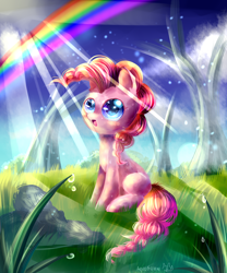 Size: 2500x3000 | Tagged: safe, artist:aquagalaxy, pinkie pie, earth pony, pony, blank flank, rainbow, rock, solo, sunlight, tree