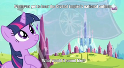 Size: 842x465 | Tagged: safe, derpibooru import, edit, edited screencap, screencap, twilight sparkle, the crystal empire, crystal empire, hoof on chest, impact font, solo, text, the ballad of the crystal empire