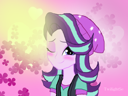 Size: 1024x768 | Tagged: safe, artist:twilightse, starlight glimmer, human, equestria girls, beanie, blushing, female, hat, looking at you, one eye closed, solo, wink