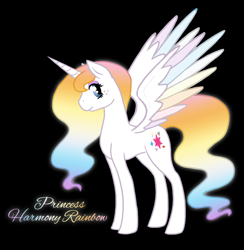 Size: 1103x1129 | Tagged: safe, artist:kittentrash, derpibooru import, applejack, fluttershy, pinkie pie, rainbow dash, rarity, twilight sparkle, twilight sparkle (alicorn), oc, oc only, oc:princess harmony rainbow, alicorn, earth pony, pony, alicorn oc, appleflaritwidashpie, black background, colored wings, flowing mane, freckles, fusion, mane six, multicolored hair, multicolored wings, rainbow feathers, simple background, solo