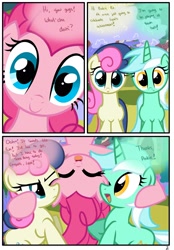 Size: 1741x2500 | Tagged: safe, artist:pyruvate, bon bon, lyra heartstrings, pinkie pie, sweetie drops, earth pony, pony, comic:the usual, bon bon is not amused, comic, happy, in which pinkie pie forgets how to gravity, pinkie being pinkie, pinkie physics