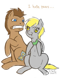 Size: 500x647 | Tagged: safe, artist:steveholt, derpy hooves, doctor whooves, pegasus, pony, :t, derp, disgusted, eating, empty eyes, female, gritted teeth, hoof hold, mare, no catchlights, no pupils, pear, raised hoof, simple background, sitting, smiling, that pony sure does hate pears, white background, wide eyes