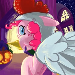 Size: 1600x1600 | Tagged: safe, artist:lopilot, pinkie pie, earth pony, pony, chicken suit, clothes, costume, door, nightmare night, solo