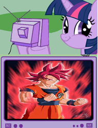 Size: 566x742 | Tagged: safe, derpibooru import, twilight sparkle, exploitable meme, goku, super saiyan god, super saiyan red, tv meme, twiface