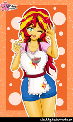 Size: 600x1000 | Tagged: safe, artist:clouddg, sunset shimmer, equestria girls, clothes, ladle, one eye closed, shorts, solo, soup, wink