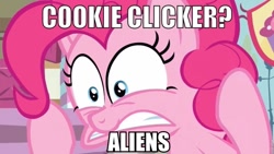 Size: 960x541 | Tagged: safe, pinkie pie, alien, earth pony, pony, ancient aliens, cookie clicker, giorgio a. tsoukalos, image macro, meme, solo