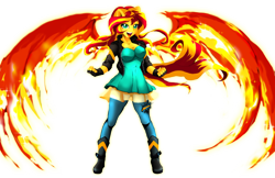 Size: 1024x663 | Tagged: safe, artist:animeclaro, sunset shimmer, equestria girls, breasts, cleavage, clothes, female, fiery wings, open mouth, ponied up, simple background, solo, sunset jiggler, sunset phoenix, transparent background