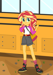 Size: 744x1052 | Tagged: safe, artist:h-ranadal, sunset shimmer, equestria girls, legend of everfree, boots, bus, clothes, cute, duffle bag, shimmerbetes, smiling, socks, solo, waving